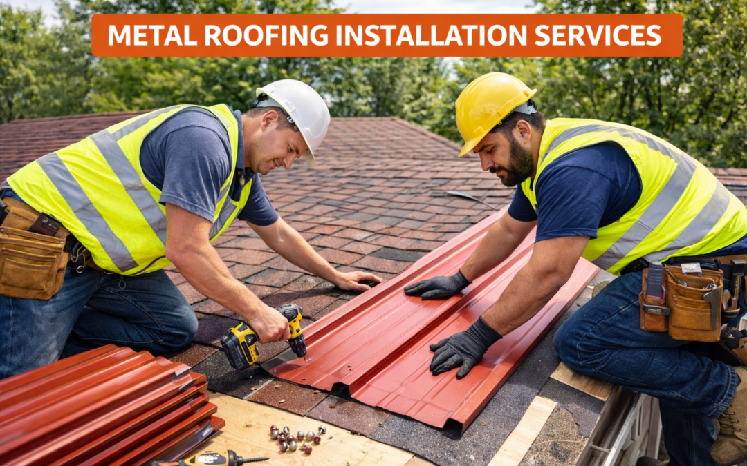 Metal roofing installation work.