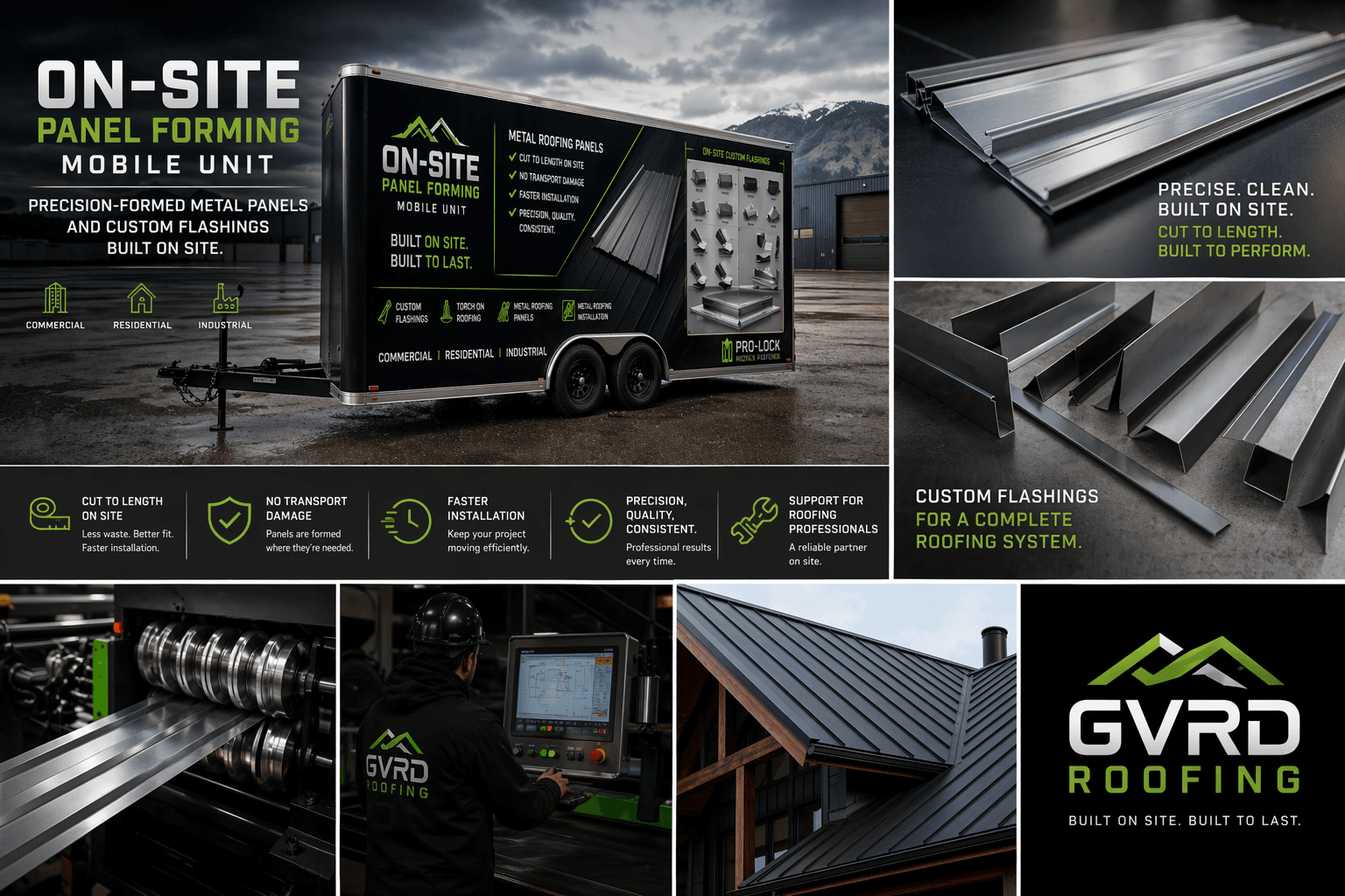 On-site metal panel forming trailer in Vancouver producing custom metal roofing panels and flashings